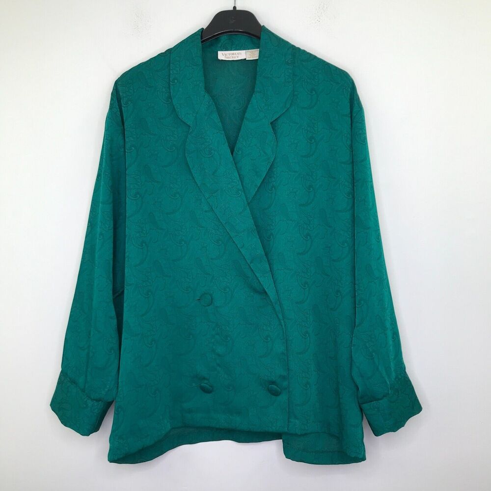 Victoria's Secret M/L Sleep Shirt Gold Label Green Paisley Button Flaw BU21